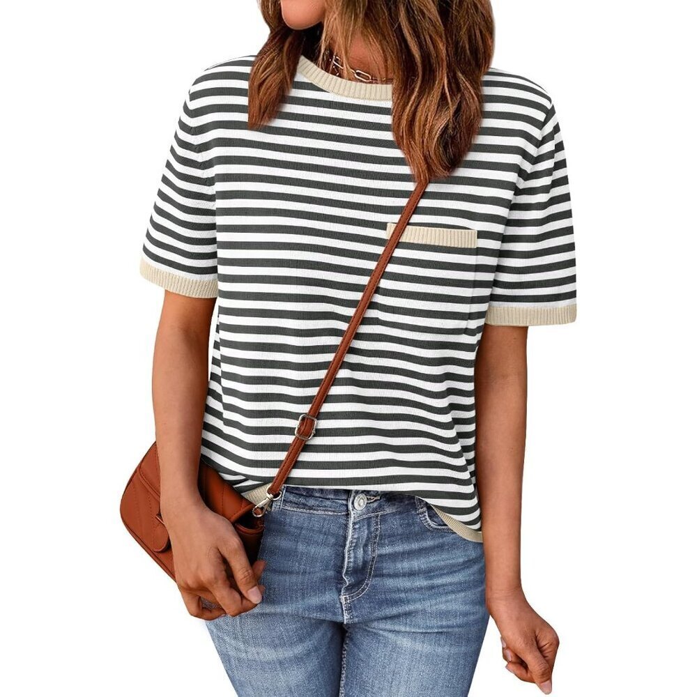 Womens Cotton Striped Short Sleeve Sweater Pullover Chest Pocket Medium